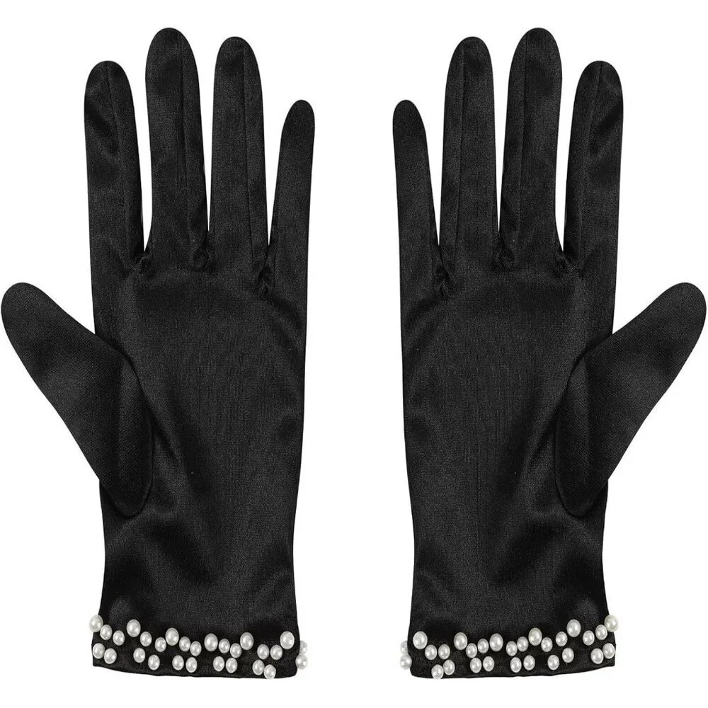 Women's Black Satin Pearl Short Length Wrist Gloves Wedding Banquet Party Prom